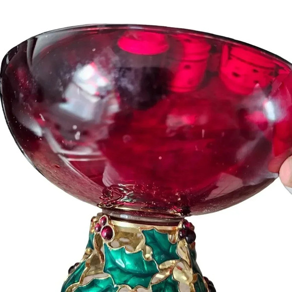 Teleflora Christmas Centerpiece Bowl Vase Red Glass Enameled Holly Berry Holiday - Picture 8 of 8